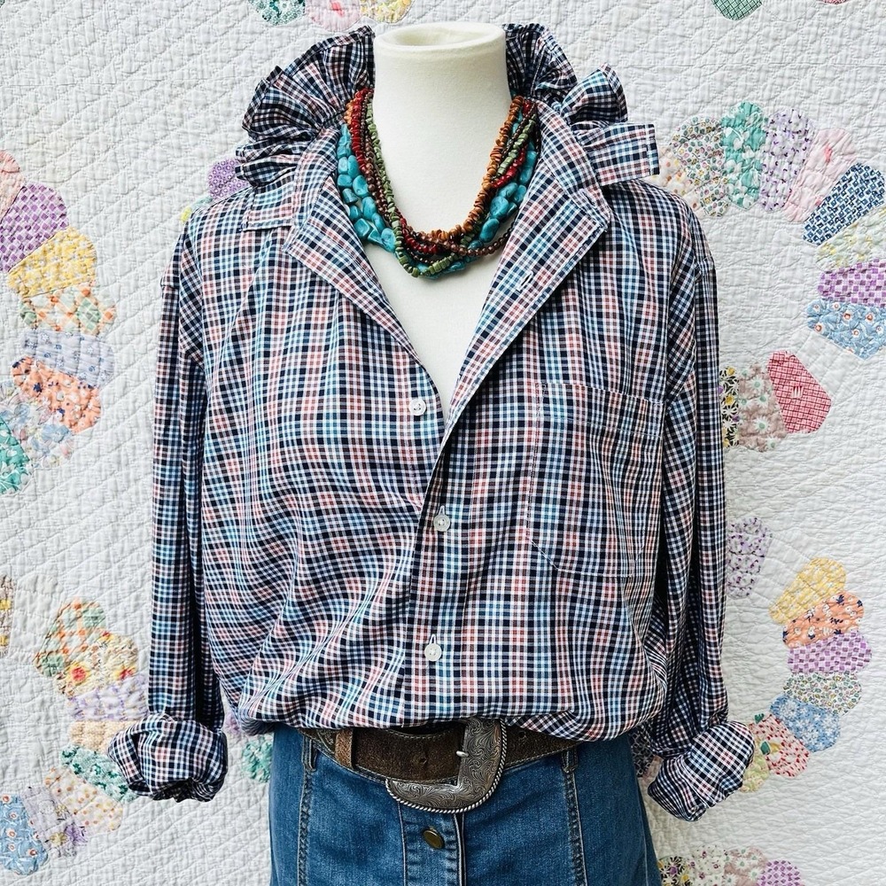 Upcycled Pendleton Rustic Cabincore Twill Plaid Check Ruffle Collar Shirt XL